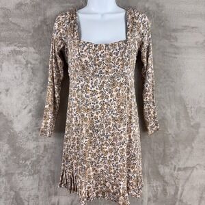 Free People Dress‎ Womens Size 2 Beige Floral Long Sleeve Boho Ruffle Hem